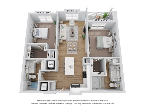 Floor plan for 2 beds, 2 baths, 1110 sqft